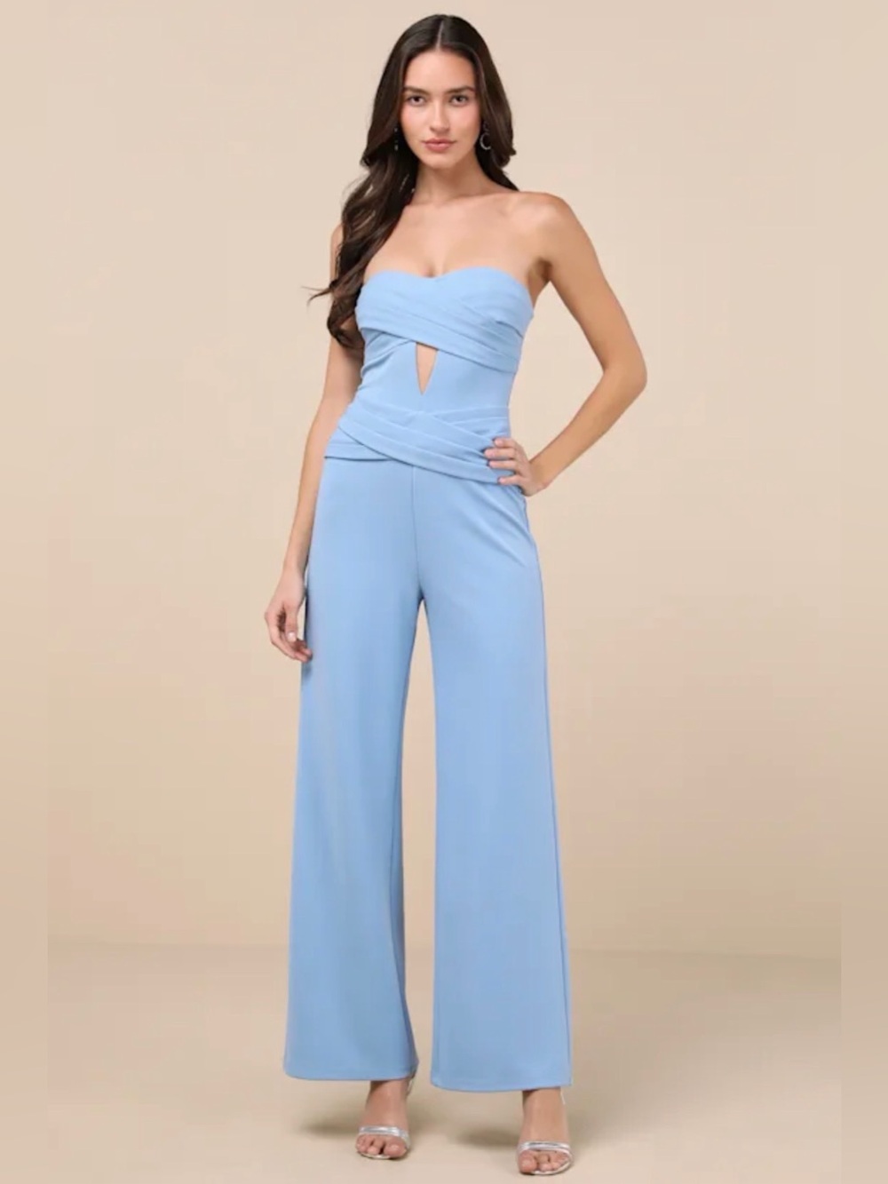 Lulus Natasha Light Blue Strapless Pleated Jumpsuit NWT size Large Cut Out